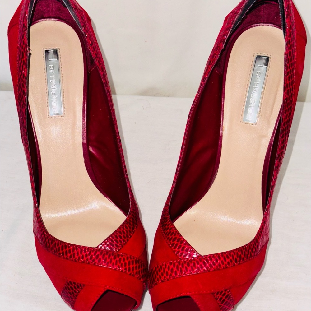 H by Halston Red Snakeskin and leather Peep Toe Heels